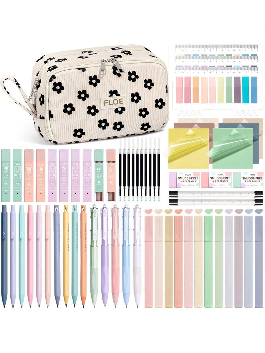 62PCS Large Capacity Pencil Pouch Stationery Pen Bag With Pastel Highlighters Black Ink Gel Pens Mechanical Pencils Set 0.5mm, 0.7mm & 2.0mm, Aesthetic School Supplies For Back To School Student & College Essentials Gifts - Hoa đen - Xem 1