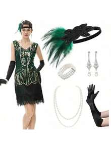 5 件 1920 年代盖茨比风格轻佻女郎服装配饰套装 20 年代人造轻佻女郎羽毛头饰复古珍珠项链手套水钻耳环派对头饰女士
