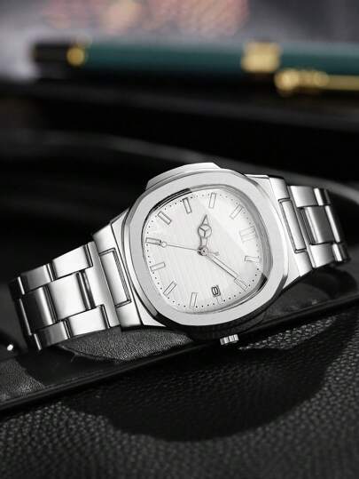 1pc Square Dial Calendar Stainless Steel Quartz Business Wrist Watch, No Horloge Box Included view 6