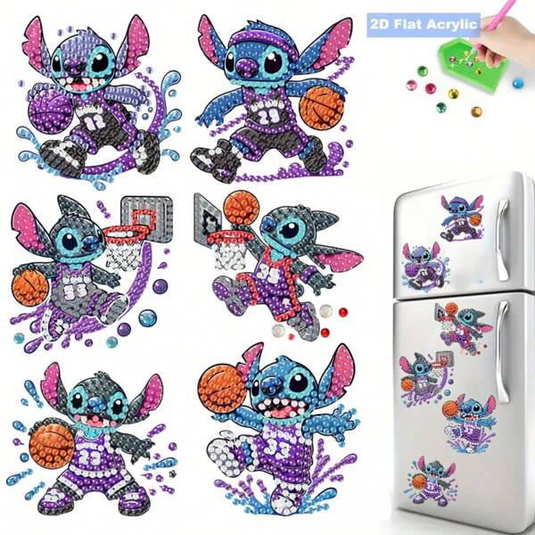 Disney 6pcs Diamond Art Refrigerator Magnets Disney Basketball Stitch Diamond Painting Decor DIY Diamond Painting Magnet Kit For DIY Crafts Gifts Refrigerator Mailbox Decoration