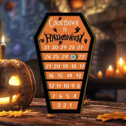 2D 平面，1 件万圣节棺材形倒计时板 - 带有鬼魂、南瓜元素，适合营造节日氛围、派对装饰、万圣节活动组织者和有趣的装饰团体