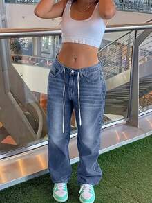 Women's Casual Loose Straight Leg Jeans, Paired With Waist Drawstring Decoration, Suitable For All Seasons, Back To School Season, Rural Concerts, Daily Outings, Parties - Rửa tối - Xem 5