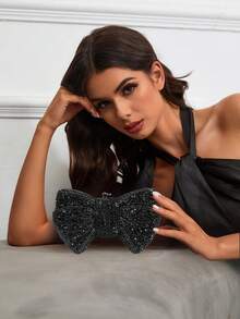 Bolso de mano de noche de lujo con forma de lazo para mujer, con brillantes diamantes de imitación, para banquete - Negro - Ver 2