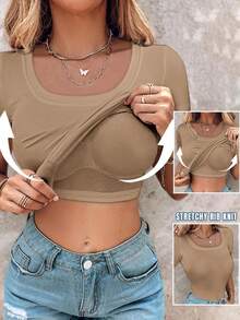 ChicMe Women Built In Bra Pad T-Shirt Scoop Neck Short Sleeve Blouses Ribbed Knit Slim Fitted Casual Basic Workout Top - Khaki - View 1