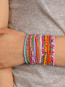 20pcs Dopamine Color Bead Bracelets, Multicolor Beaded Elastic Bracelet Set (Random Bead Colors) - Multicolor - View 8