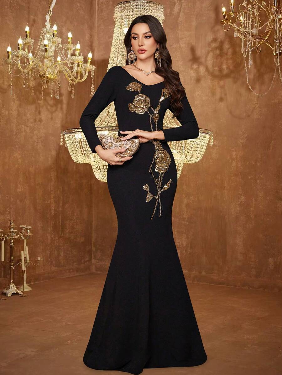SUPGIR Women's V-Neck Long Sleeve Sequin Embroidered Fitted Mermaid Knit Maxi Dress, Student Uniform - Black - View 1