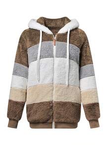 Fuzzy New Jacket, Loose Fur Colorblock Hooded Jacket For Women, Autumn/Winter - Khaki - View 7