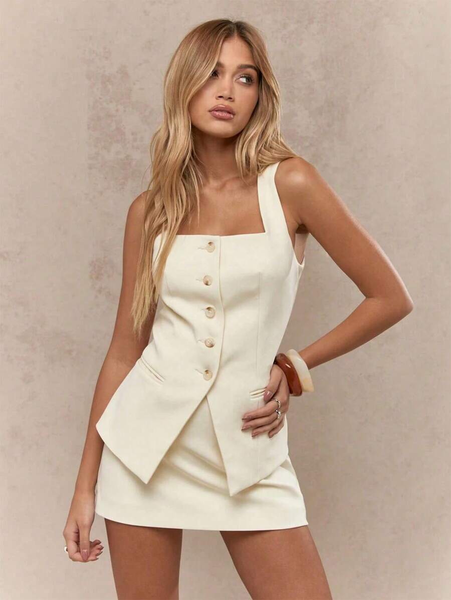 Women's Slim Fit Suit Vest (Vest + Shorts) Skirt / Skirt - 米色 - 查看 1