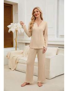 Women's 2 Piece Ribbed Color Block Fleece Pajama Set Fall Long Sleeve Lounge Sleepwear With Pockets Soft Warm Loungewear - Màu be - Xem 5