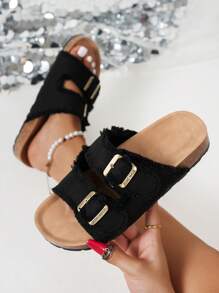 时尚百搭舒适复古厚底圆头厚底休闲户外露趾绑带罗马沙滩穆勒凉鞋 - 黑色 - 查看 6