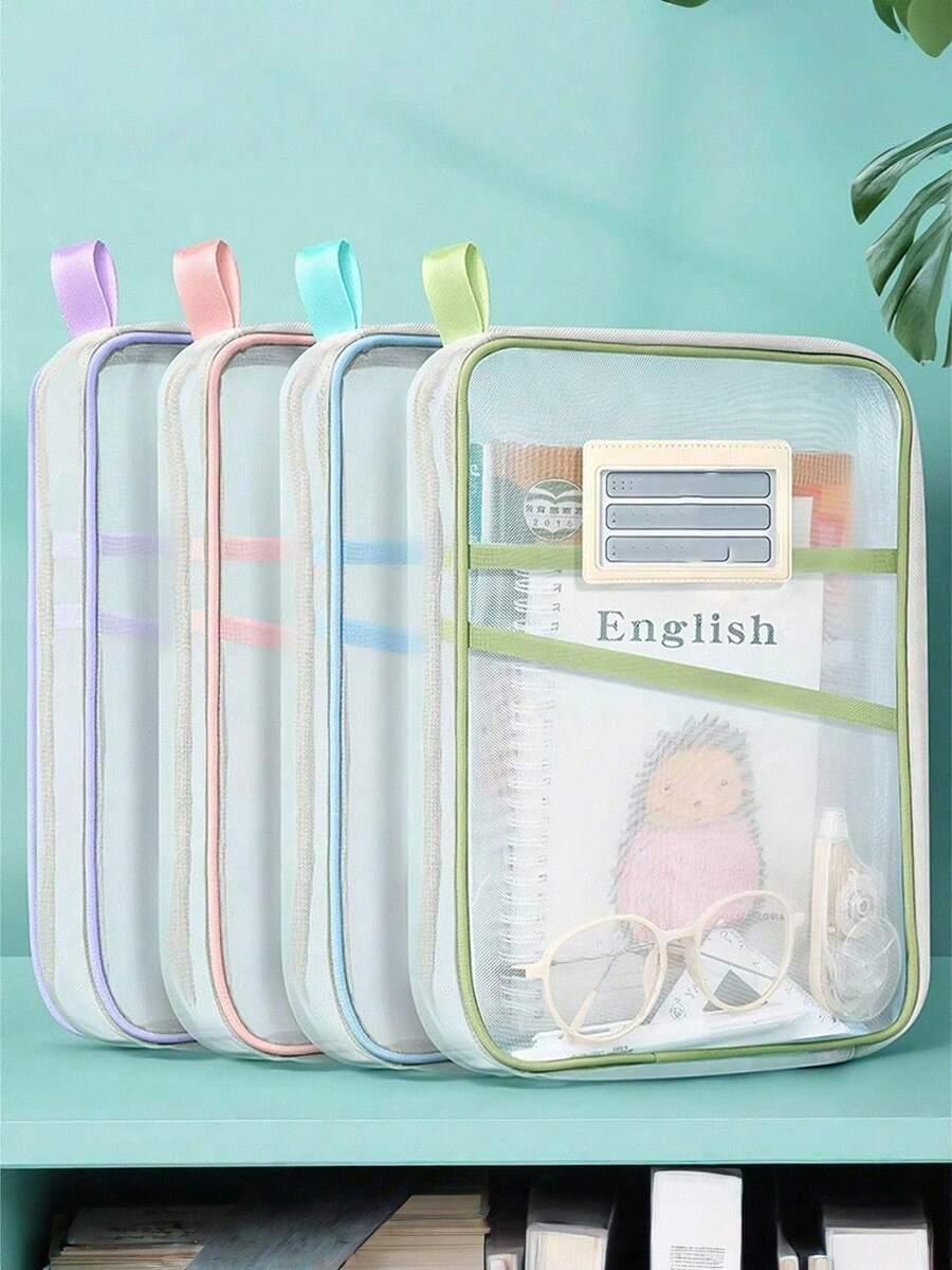 1Pc Double Layer Mesh Classification Bag, Exam Tutoring Bag, Elementary School Student Handbag, Book Carrying Bag - Multicolor - View 1