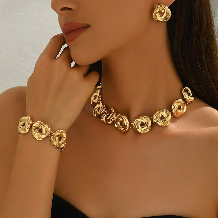 3-Piece Women's Metal Flower Necklace And Earring Jewelry Set, Fashionable Party, Banquet, Wedding, Multifunctional Valentine's Day - 金色 - 查看 1