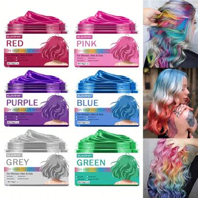 แว็กซ์ย้อมผมชั่วคราว, แว็กซ์เคลือบสีผมทันที, เหมาะสำหรับผู้ชายและผู้หญิงทุกวัยสำหรับงานปาร์ตี้ในชีวิตประจำวัน, การเล่นตามบทบาท, ฮาโลวีนและคริสต์มาส ครีมย้อมผม DIY (สีชมพู, สีแดง, สีม่วง, สีเขียว, สีเทา, สีน้ำเงิน)