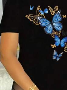 可爱蝴蝶印花女式短袖圆领休闲 T 恤，T 恤，弹性涤纶混纺，可机洗，柔软舒适