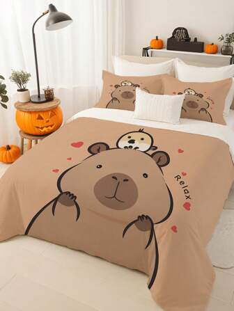 3件套水豚卡通图案被套（1*被套+2*枕套，不含芯），适合所有季节，适用于酒店、卧室、客房及宿舍装饰床上用品