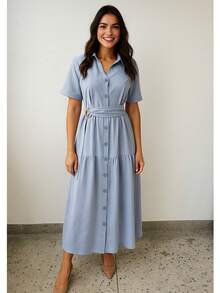 Linen Midi Dress With Lining, Buttons And Structured Collar - Màu xanh lam - Xem 1