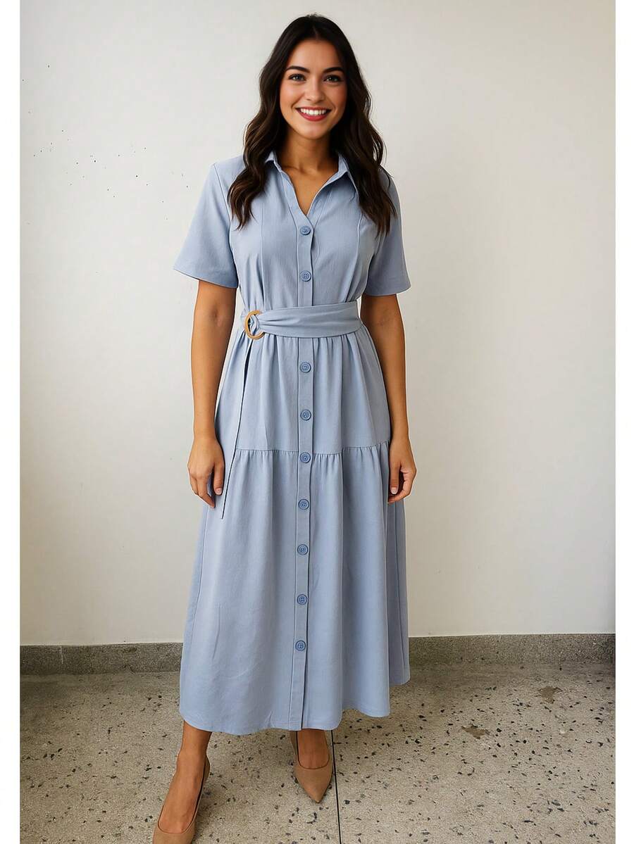 Linen Midi Dress With Lining, Buttons And Structured Collar - Màu xanh lam - Xem 1