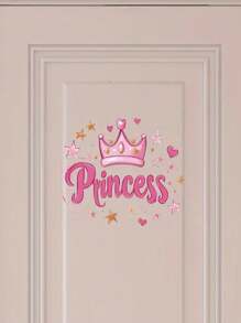 1pc Princess Vinyl Wall Decal, Art Deco Style Pink Crown & Glitter, Self-Adhesive Cartoon Door Sticker For Girls' Bedroom, Glossy Finish, Plastic Surface Compatible, Single Use Decorative Wall Art