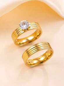 2 Stücke/Set einfache 4MM Zirkonia Dekor Edelstahl Ring für Frauen