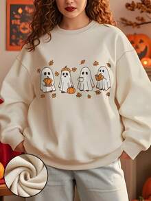 Plus Size Women's Clothing, Plus Size Autumn And Winter Women's Clothing, Halloween Women's Clothing, Maple Leaf Ghost Print, Fake Embroidery, Halloween Clothes For Women, Casual Women. Winter Clothes For Women, Fall Clothes For Women, Elegant Women, For Women, Tops, Streetwear Women, Fall Women, Back To School, Party Women, Y2K Women, Tops For Going Out, Winter Women, Country Women, Date Night Women - Apricot - View 1