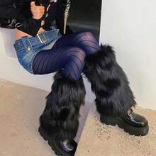 OSPNIEEK Womens Faux Fur Furry Leg Warmers - 黑色 - 查看 2