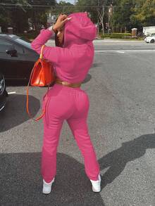 Women's 2 Pieces Thermal Lined Casual Set, Includes Long Sleeve Hoodie Sweatshirt Top And Slim Fit Sweatpants, Autumn/Winter - Hot Pink - View 4