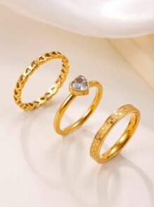 3 Peças Conjunto de Anéis de Casal Minimalistas de Aço Inoxidável com Coração Oco Diamante, Adequado para Uso Diário de Homens e Mulheres, Presente para Festival e Data