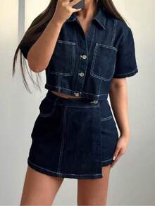 Seelio Spring/Summer New Arrival Women Denim Short Shirt & Double-Belted Skirt 2-Piece Suit - Dark Blue - View 10
