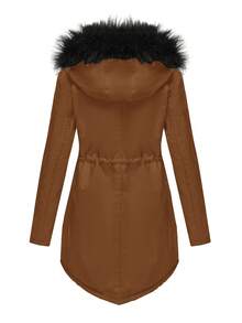 Women's Color Block Drawstring Waist Fur Trim Hooded Padded Coat, Autumn/Winter - Brown - View 2