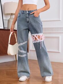Damskie jeansy casualowe z szerokimi nogawkami i przetarciami oraz koronką, długie, nieelastyczne spodnie jeansowe