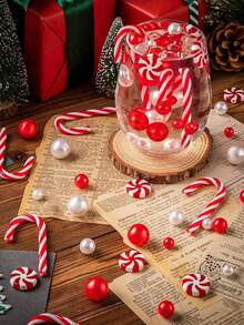 600/326pcs Christmas Vase Decorations Beads - Red & White Candy Cane & Imitation Pearls, Floating Beads For DIY Holiday Centerpieces, Tabletop & Coffee Shop Decor, Festive Plastic Beads For Christmas & New Year, Christmas Beads, Candy Cane Pattern, Impearl Beads, Seasonal Home Decor, Lightweight Decor, Event Planners, Best For Christmas