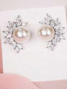1 Pair Luxury Cubic Zirconia & Faux Pearl Stud Earrings For Women For Wedding Engagement Anniversary Party Jewelry Valentine's Day Gift - 1# - View 7