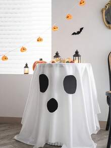 1pc Halloween Party Tablecloth, Solid Color Spooky Ghost Creative Coffee Table Cloth, Cute Ghost Face Dining Table Decor Suitable For Holiday Gatherings, Party Atmosphere Decoration, Essential For Halloween - White - View 2