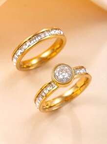 2 Stücke/Set einfache 4MM Zirkonia Dekor Edelstahl Ring für Frauen