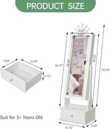 Armario de joyería para niños,Armario de Joyas Infantil con Espejo de Cuerpo Entero - Organizador Freestanding con 3 Cajones, Tocador para Vestirse de Niñas, Regalo Especial Cumpleaños/Navidad - Blanco - Ver 2