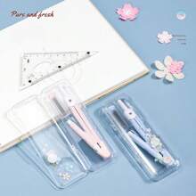 Two Pieces Student Compass Set Under The Cherry Blossom, Metal Drawing And Design, Simple And Fresh, Multi-Functional Compass