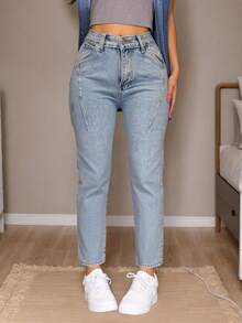 mezclilla pantalon para mujer,mom jeans,liso,comodidad,casual. - Azul - Ver 1
