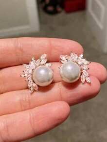 1 Pair Luxury Cubic Zirconia & Faux Pearl Stud Earrings For Women For Wedding Engagement Anniversary Party Jewelry Valentine's Day Gift - 1# - View 11