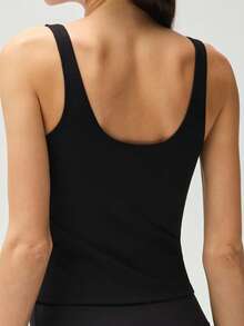 RRIVE Two-Piece Set Women's Solid U-Neck Sleeveless Tank Top & High Waisted Leggings, Fitness Sportswear Set, Stretchy Sculpting Breathable Activewear For Gym Workout Lounge Summer Outfits - 黑色 - 查看 5