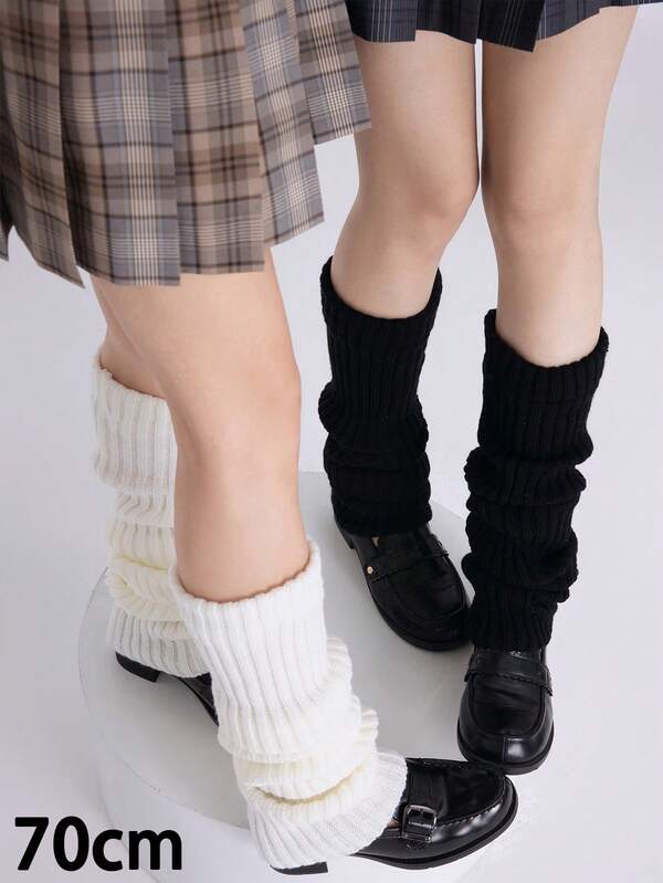 2 Pairs Women's Solid Vertical Striped Warm Decorative Cute Leg Warmers, Suitable For Spring, Autumn And Winter Autumn Accessories