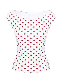 Womens Summer T Shirts Short Sleeve Crop Tops Boat Neck Dot Print Slim Fit Blouses - trắng - Xem 5