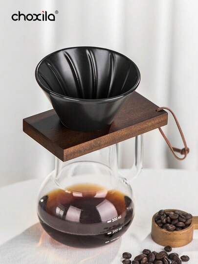 choxila 1pc/2pcs Coffee Pot Set, Including A Coffee Pot, Coffee Filter Cup With Wooden Holder, Coffee Dripper, Pour-Over Coffee Set,Coffee Set, Coffee Accessories,Suitable For Home, Office, Cafe,And Camping