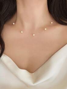 1 件米色仿珍珠项链，法式优雅女士通勤和约会颈链，休闲度假颈链配饰 - 香檳色 - 查看 3