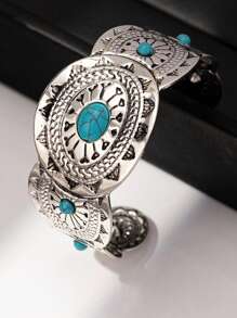 1pc Vintage Silver Plated Blue Stone Bangle Bracelet, Fashionable & Elegant, Suitable For Parties, Banquets And Daily Wear