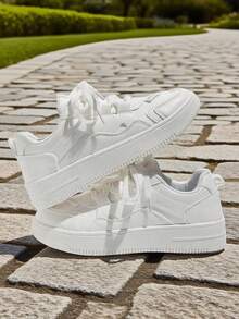 Women's Solid White Travel Shoes, PU Sneakers, Women's Sneakers With Thick Sole And Front Laces, Breathable And Fashionable For Women, Lightweight - 白色 - 查看 1