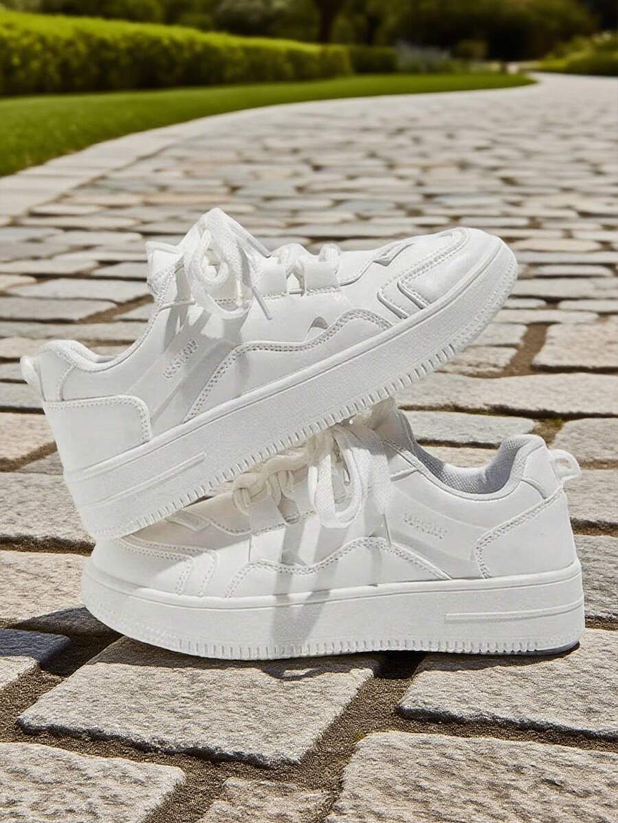 Women's Solid White Travel Shoes, PU Sneakers, Women's Sneakers With Thick Sole And Front Laces, Breathable And Fashionable For Women, Lightweight - 白色 - 查看 1