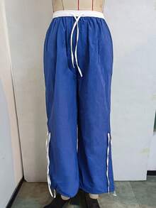 Pantalones anchos con cordón ajustable para mujer, de corte holgado e inspirados en la moda urbana, con trabillas y bolsillos, confeccionados en tejido de poliéster con detalle de lazo. - Azul oscuro - Ver 5