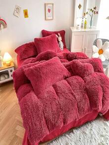 Bright Red Plush Duvet Cover - Eye Catching, Romantic Bed Choice Duvet Cover 3/4 Piece Set -1/2 Pillowcase+1 Duvet Cover, 1 Heart-Shaped Pillow, Twin Bed, Large Size, Extra Large Size (Excluding Pillowcase Core) - Warm And Comfortable, Perfect For Relaxation - 紅色 - 查看 8