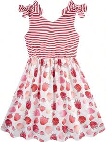 2025 BestEnlifety 3-10T Girls Dresses Sleeveless Summer Dress Bowknot Strap Sundress - 草莓條紋 - 查看 1