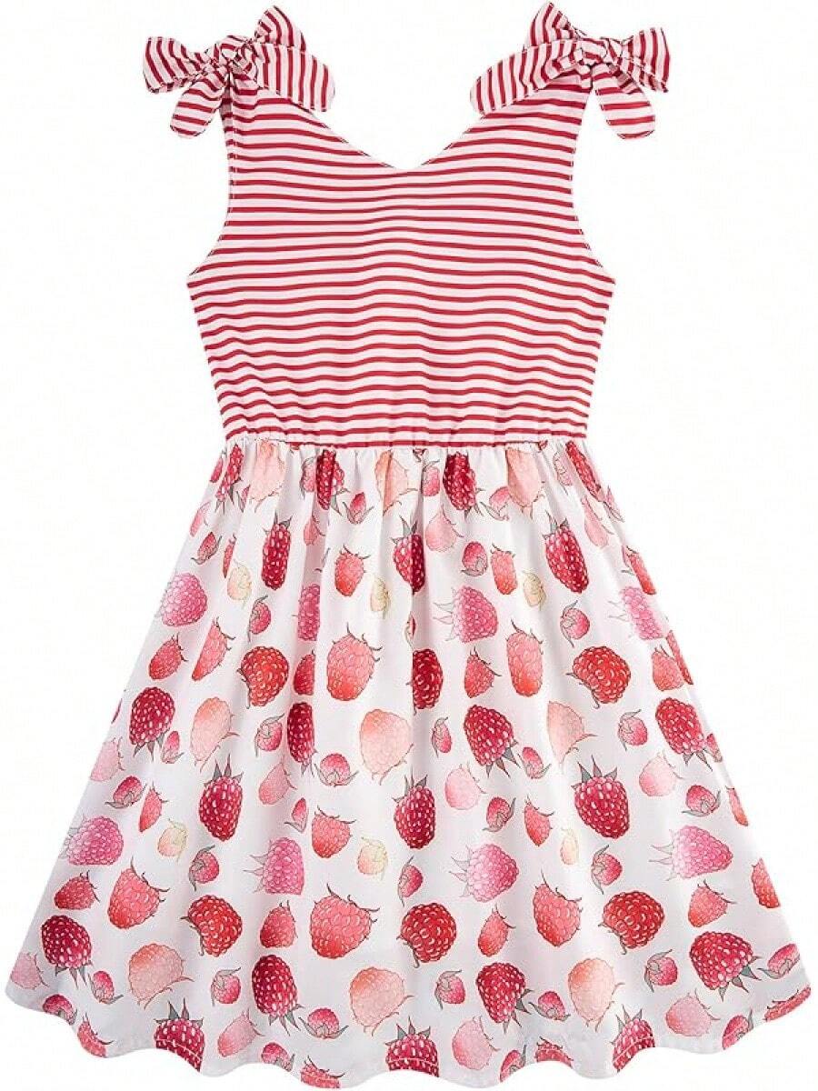 2025 BestEnlifety 3-10T Girls Dresses Sleeveless Summer Dress Bowknot Strap Sundress - 草莓條紋 - 查看 1